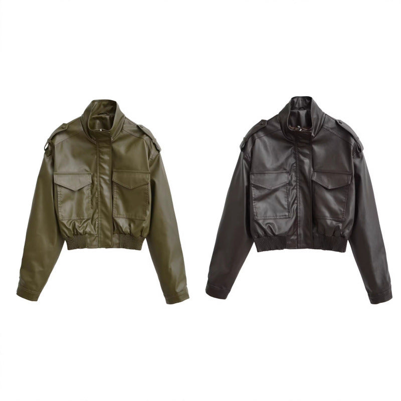 Women Stand Collar Long Sleeve PU Jacket