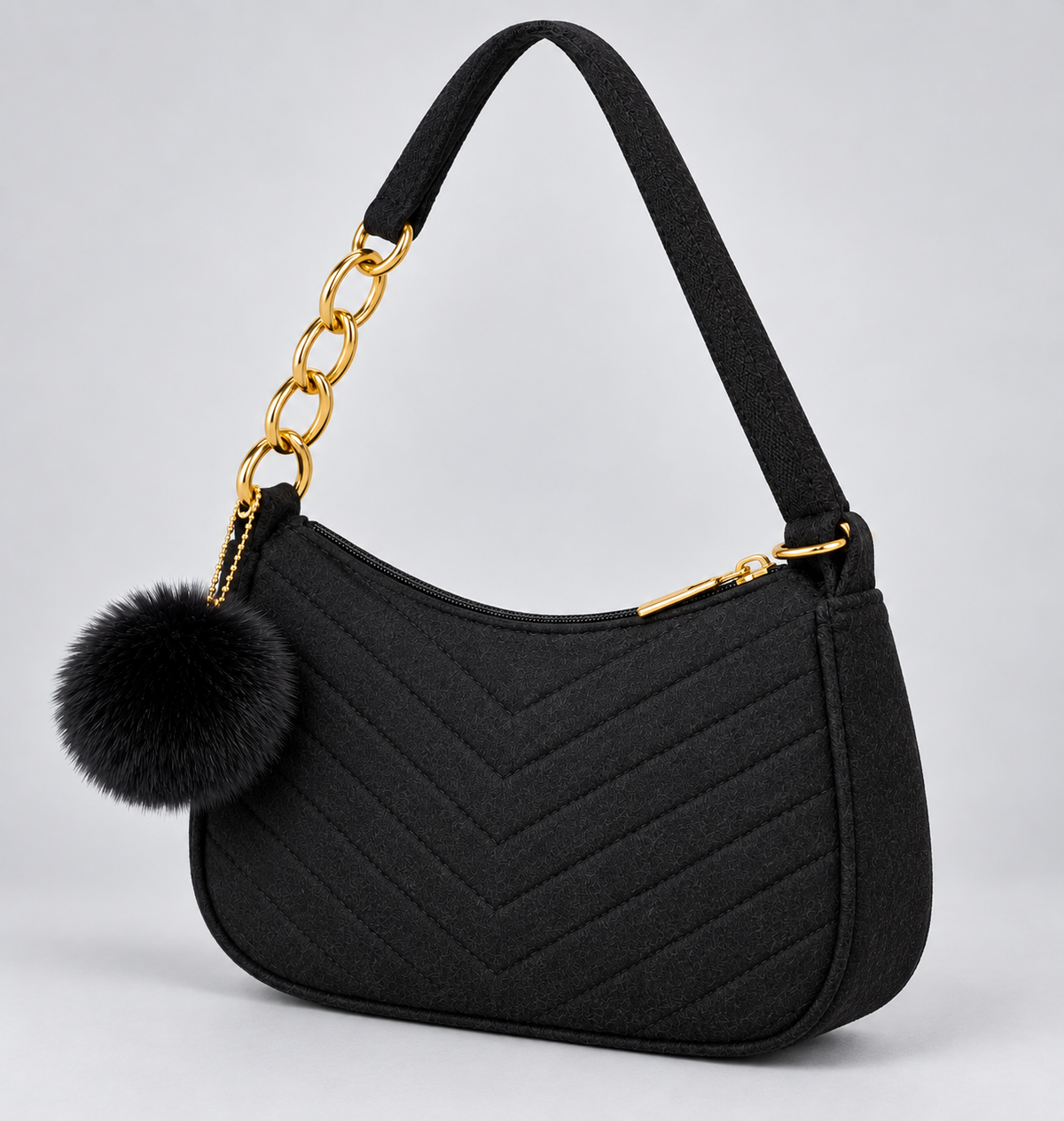 Solid Color Pom-Pom Felt Shoulder Bag - Black