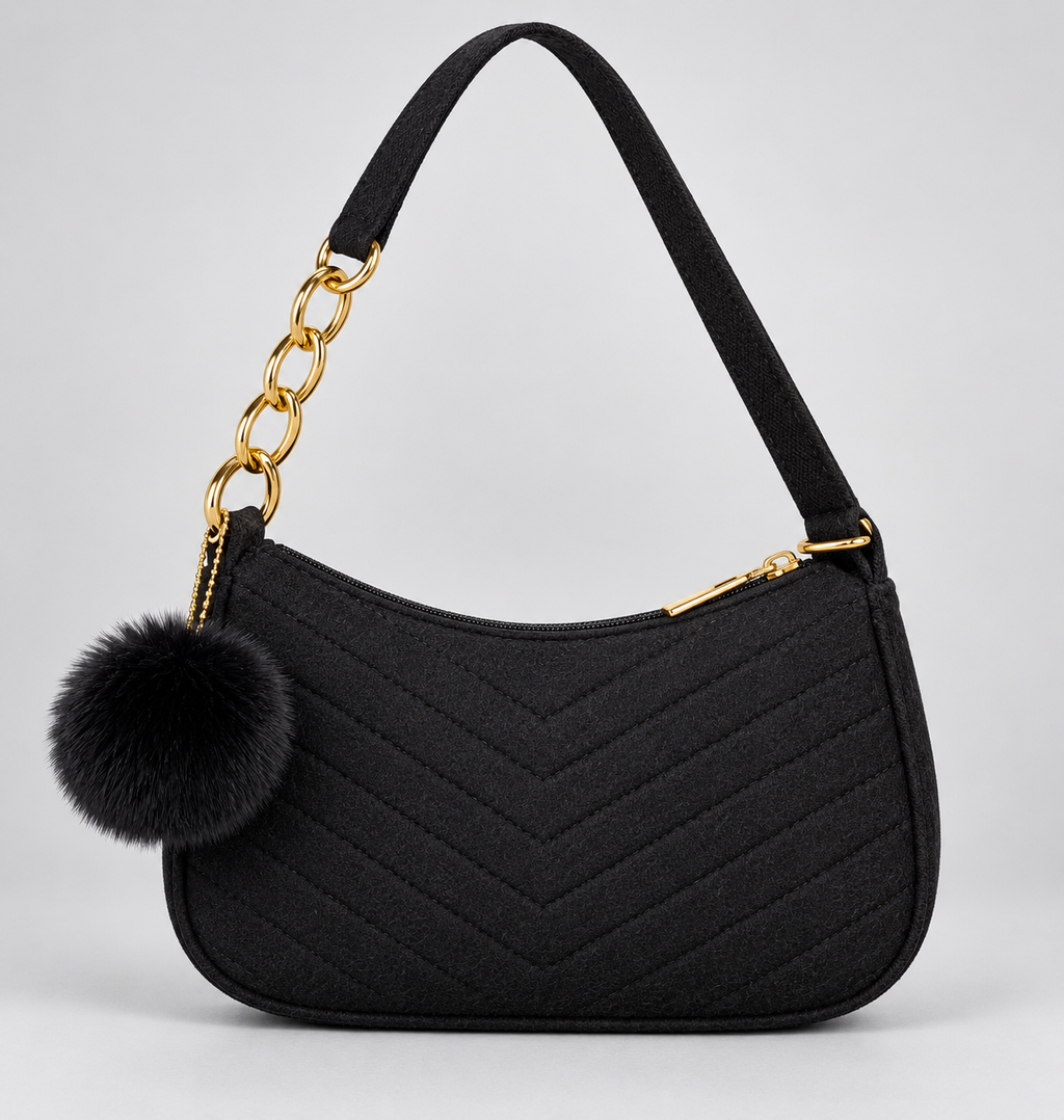 Solid Color Pom-Pom Felt Shoulder Bag - Black