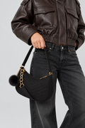 Solid Color Pom-Pom Felt Shoulder Bag - Black
