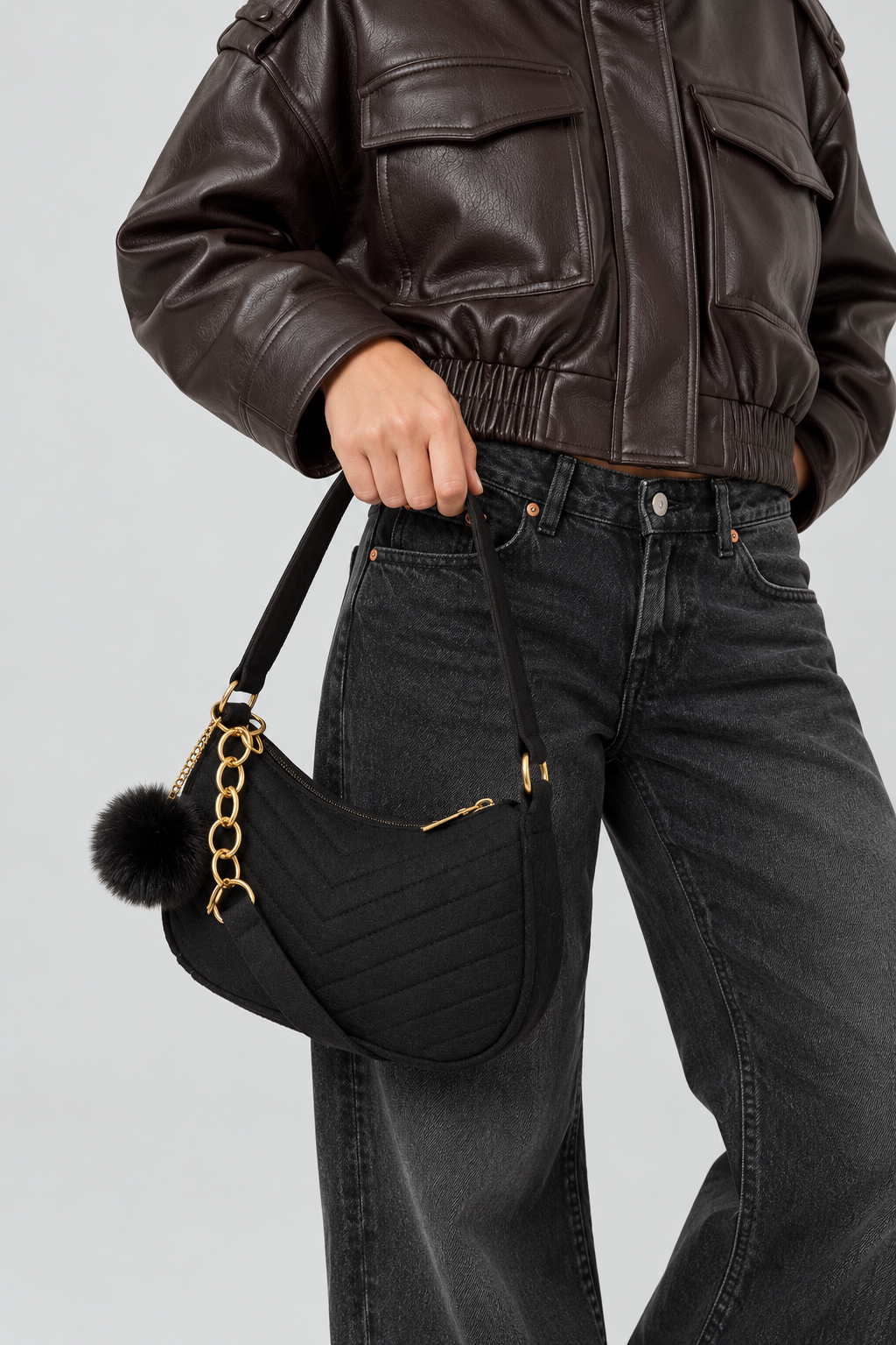 Solid Color Pom-Pom Felt Shoulder Bag - Black