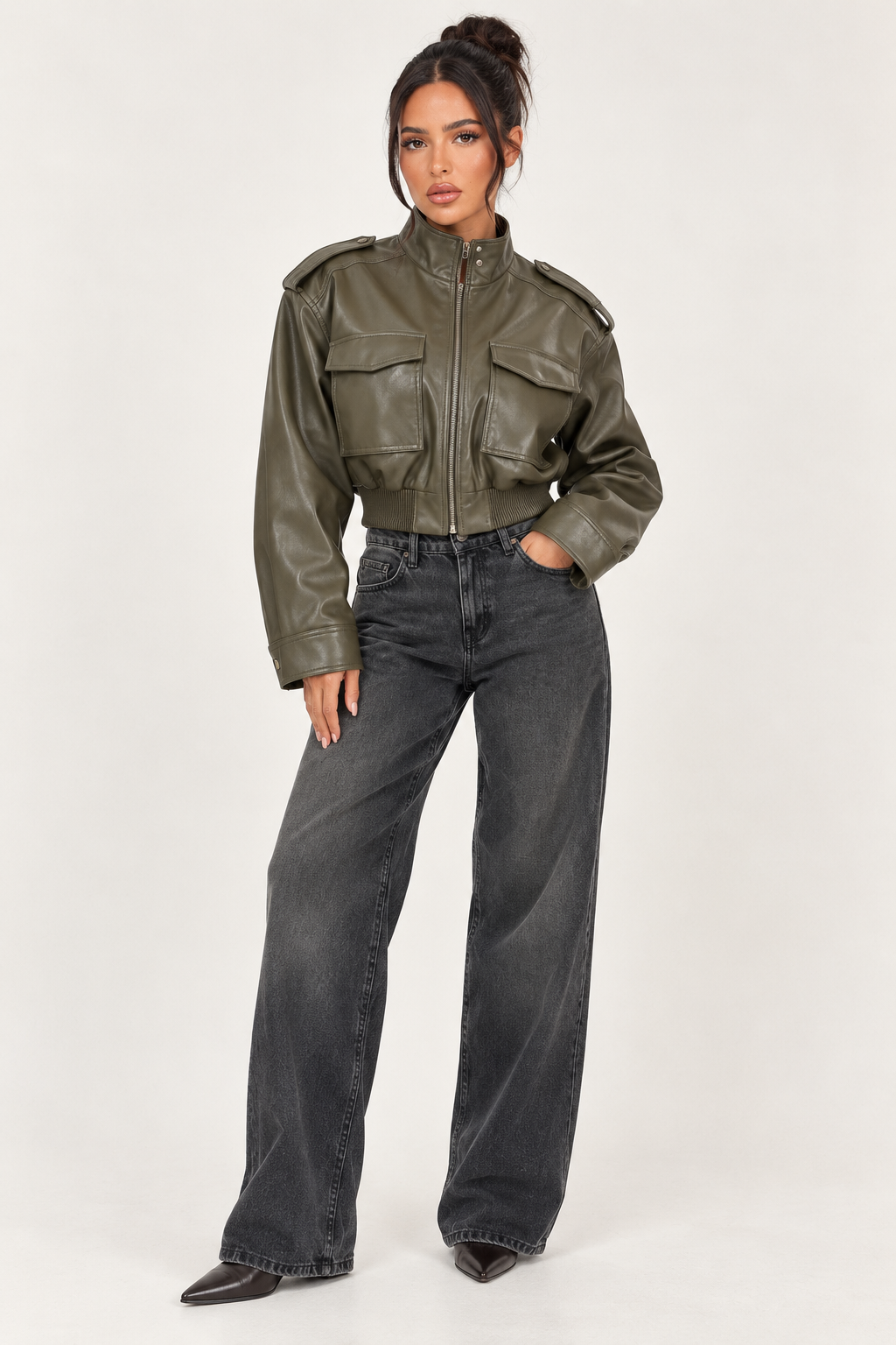 Retro Motorcycle Jacket for Women - Army Green