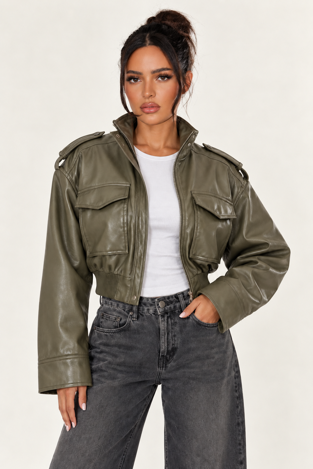 Retro Motorcycle Jacket for Women - Army Green