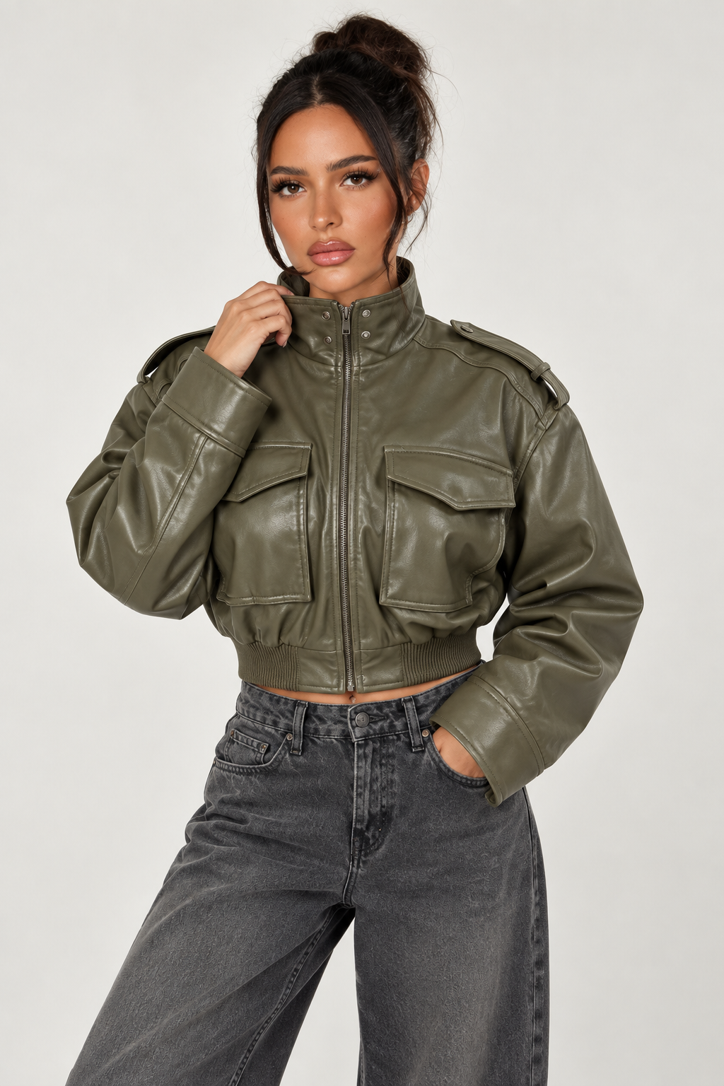 Retro Motorcycle Jacket for Women - Army Green