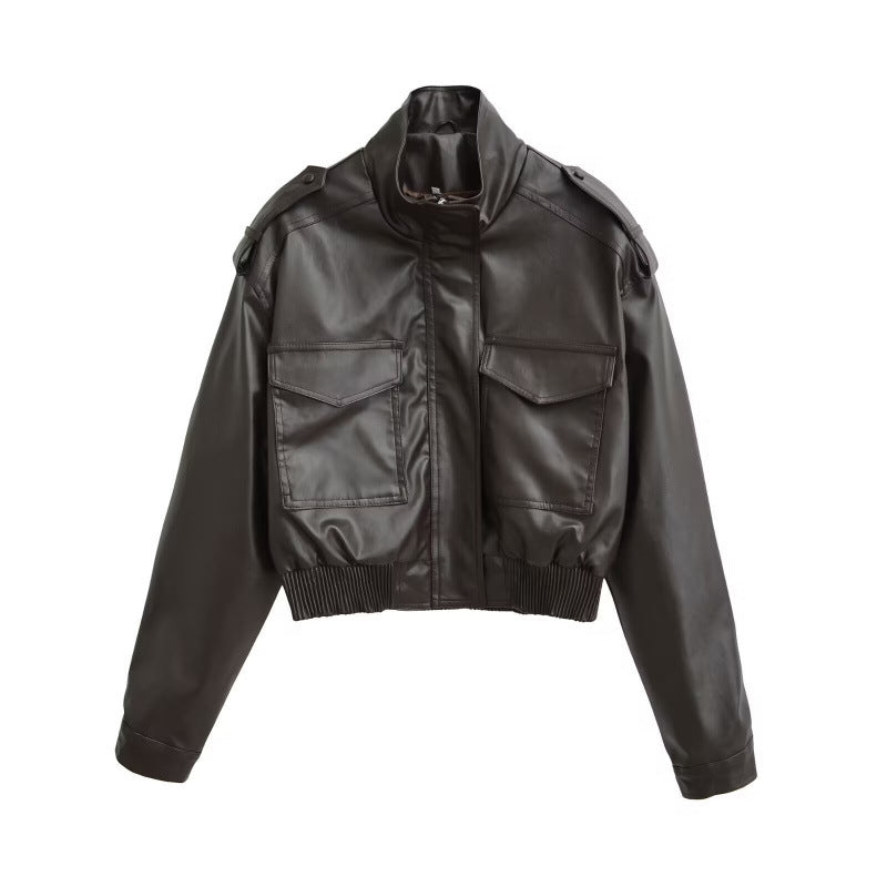 Women Stand Collar Long Sleeve PU Jacket