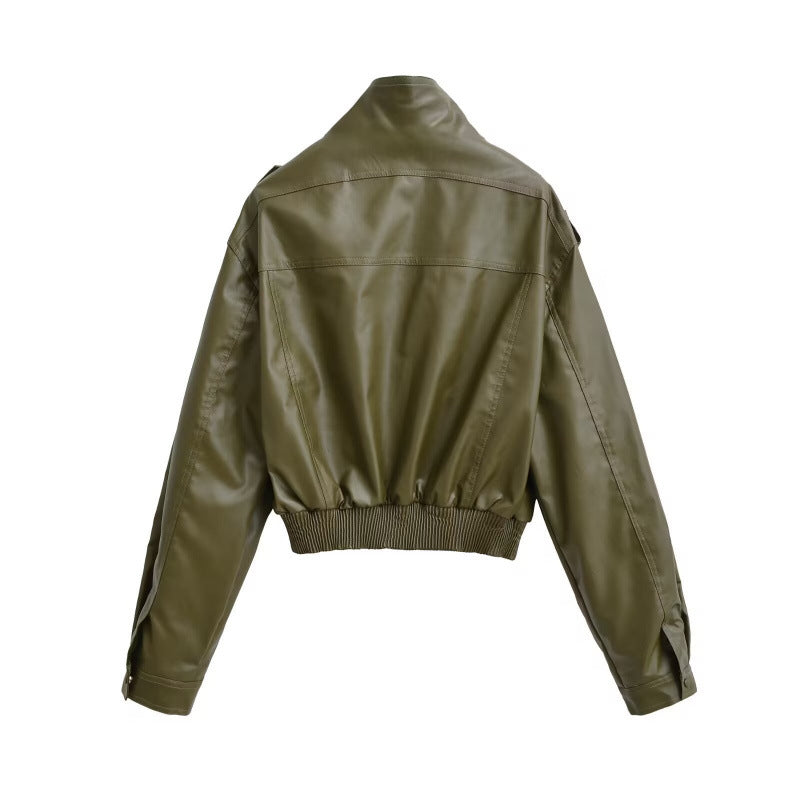 Women Stand Collar Long Sleeve PU Jacket