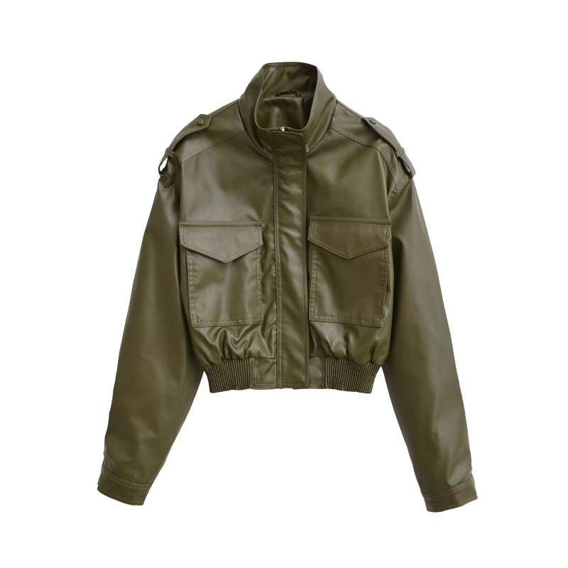 Women Stand Collar Long Sleeve PU Jacket