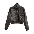 Women Stand Collar Long Sleeve PU Jacket